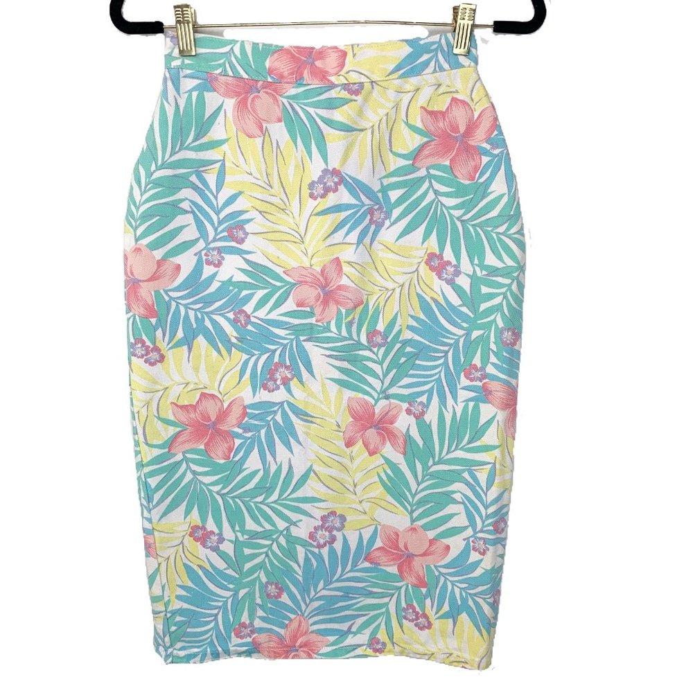 VTG 1990s Gitano Pastel Tropical Denim Midi Skirt